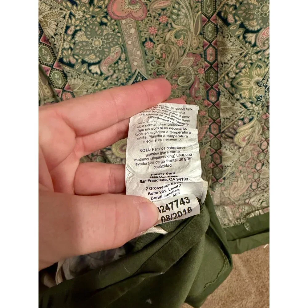 Pottery Barn Jane Paisley King‎ Duvet Cover Sage Green Floral Cotton Percale